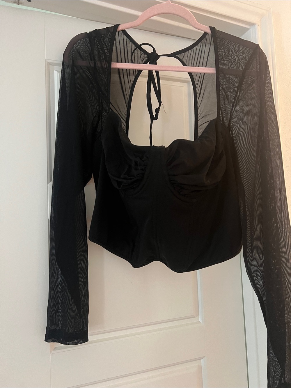 Black Mesh Long-Sleeve Bustier Top